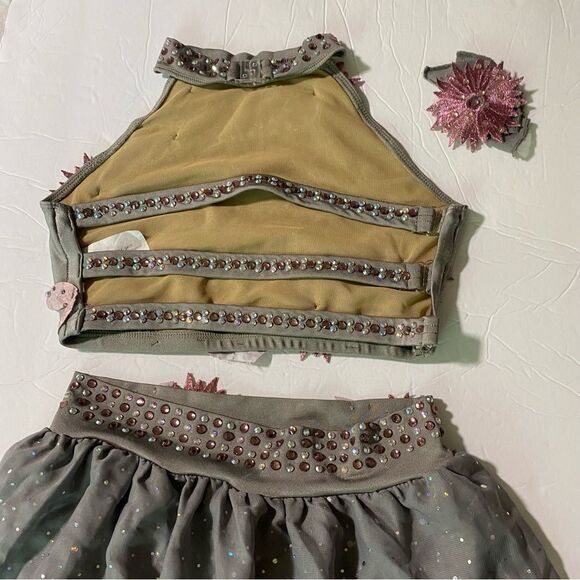 Glamour solo dance costume custom silver gray 2 piece skirt crop top XLC child - Picture 6 of 13